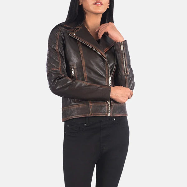 A stylish women's brown leather racer jacket, perfect for adding a touch of sophistication to any outfit.