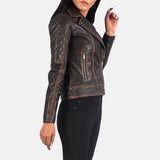 A stylish women's brown leather racer jacket, perfect for adding a touch of sophistication to any outfit.