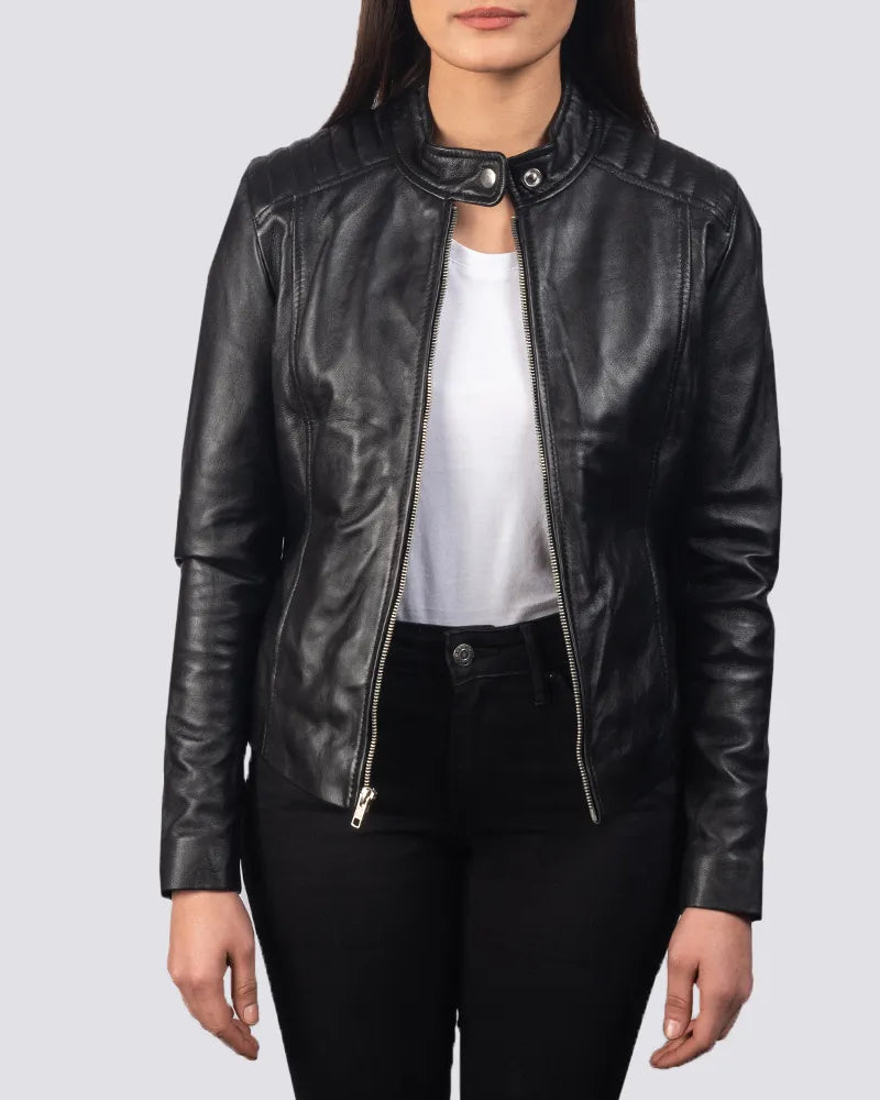 A chic women's black leather racing jacket made from genuine leather for an edgy and timeless look.