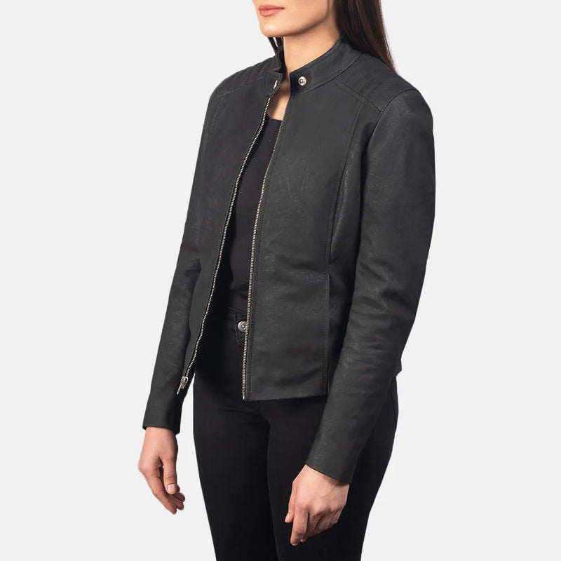 A black women's leather racing jacket with sleeve zippers.