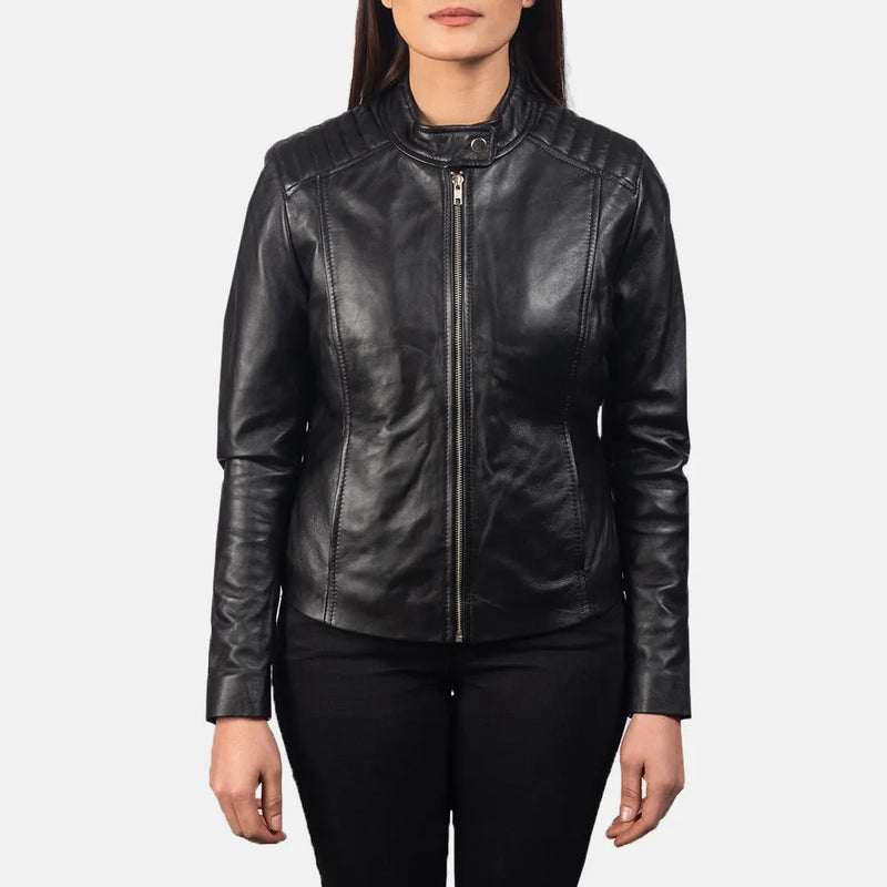 A chic women's black leather racing jacket made from genuine leather for an edgy and timeless look.