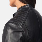 A chic women's black leather racing jacket made from genuine leather for an edgy and timeless look.