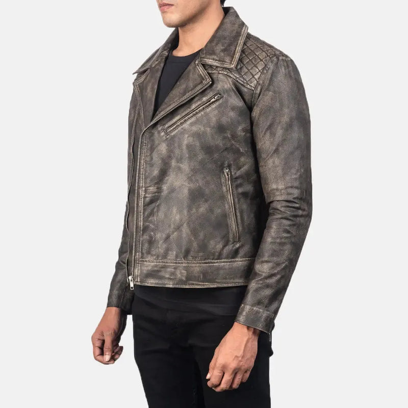 A rugged men's leather riding jacket crafted from distressed leather, exuding a timeless and edgy appeal.