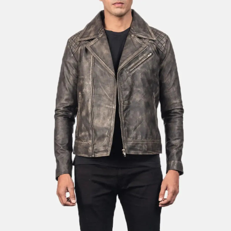 A rugged men's leather riding jacket crafted from distressed leather, exuding a timeless and edgy appeal.