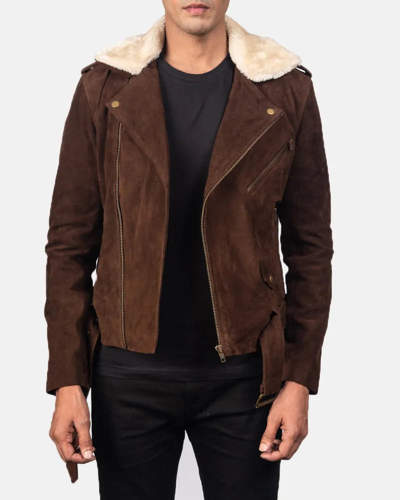 A stylish brown leather suede jacket with a cozy shearling collar - perfect for staying warm and fashionable!