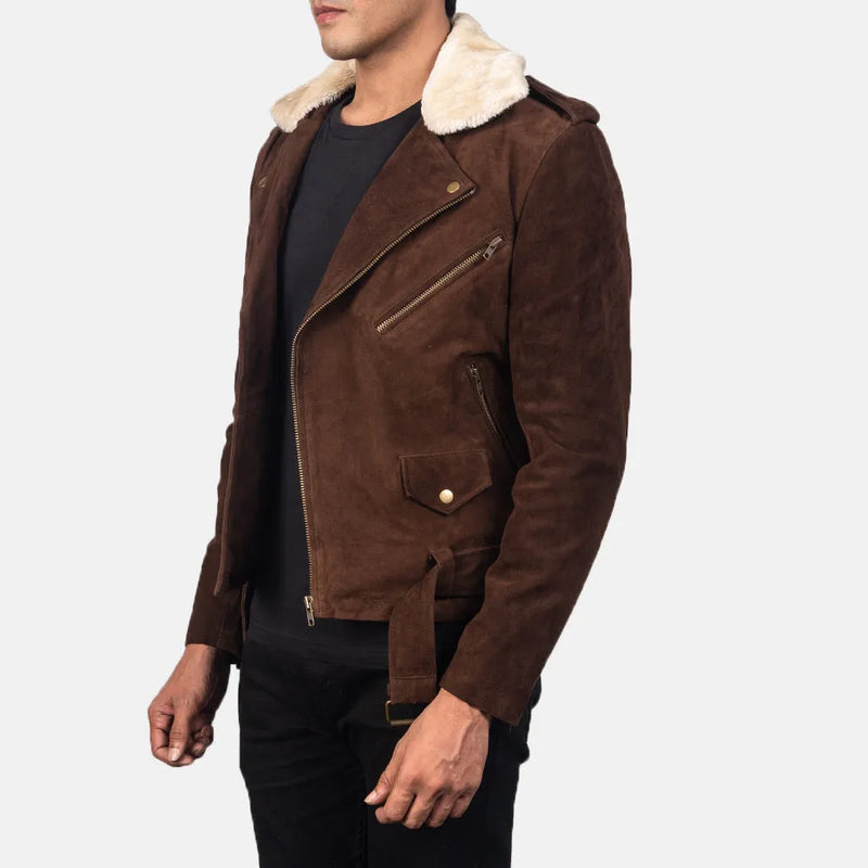 A stylish brown leather suede jacket with a cozy shearling collar - perfect for staying warm and fashionable!