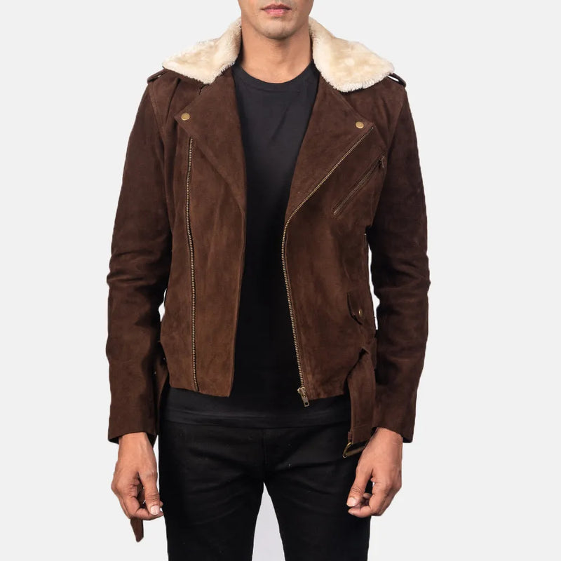 A stylish brown leather suede jacket with a cozy shearling collar - perfect for staying warm and fashionable!