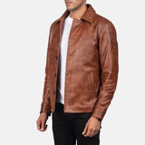 Brown leather trench coat jacket made from genuine leather.