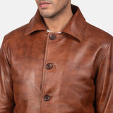 Brown leather trench coat jacket made from genuine leather.