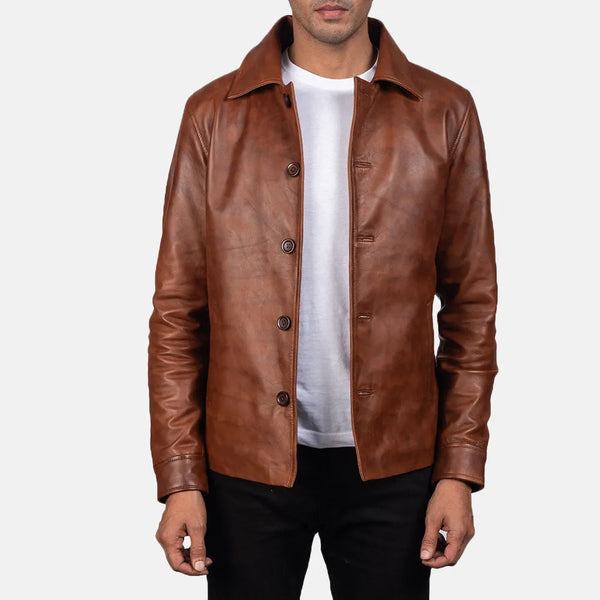 Brown leather trench coat jacket made from genuine leather.