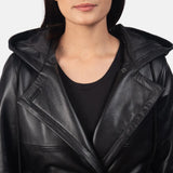 Fashionable leather trench coat in classic black color.