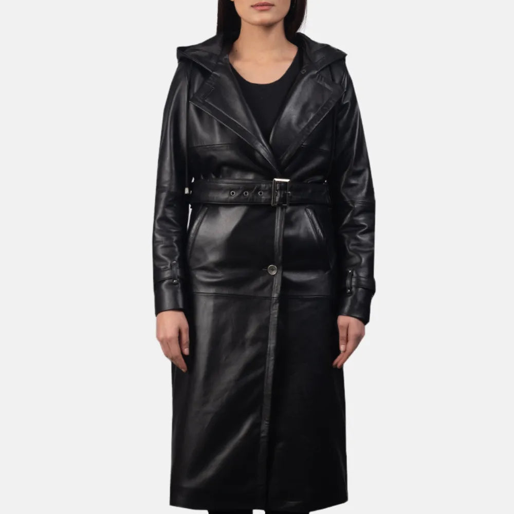 Fashionable leather trench coat in classic black color.