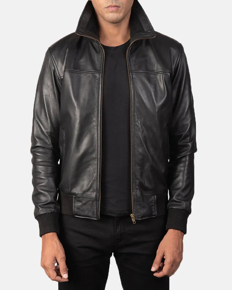 Black leather bomber jacket made from genuine leather. Perfect for a stylish and edgy look