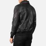 Black leather bomber jacket made from genuine leather. Perfect for a stylish and edgy look