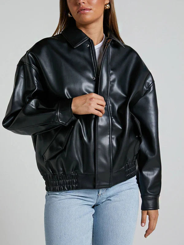 Women Black Bomber Sheepskin Charm Leather Jacket