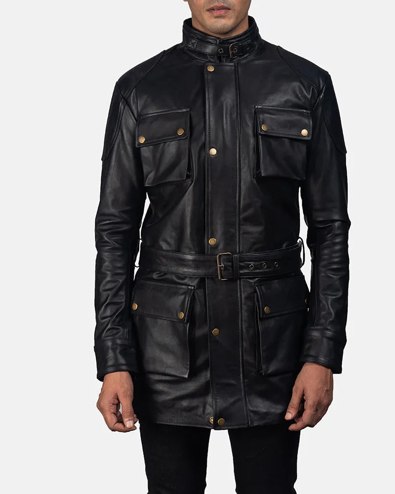 A stylish Men's Dolf Long Black Leather Coat, it's a must-have for any fashion-forward individual.