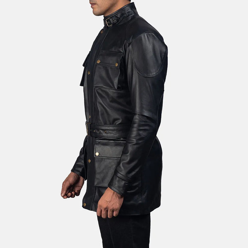 A stylish Men's Dolf Long Black Leather Coat, it's a must-have for any fashion-forward individual.