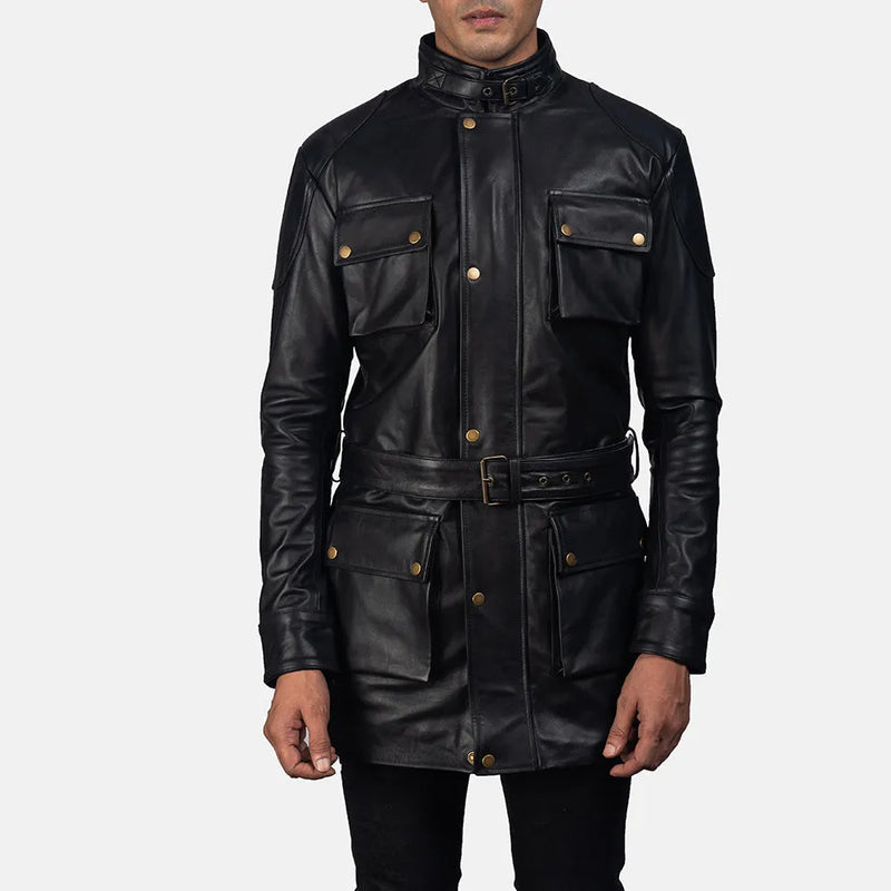 A stylish Men's Dolf Long Black Leather Coat, it's a must-have for any fashion-forward individual.