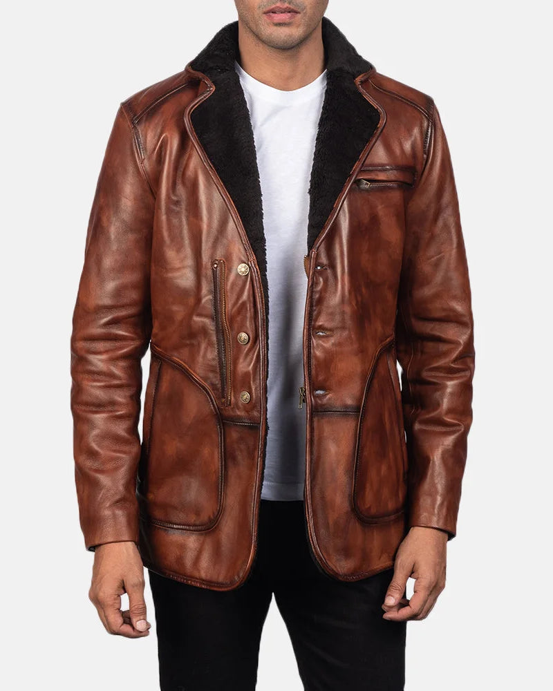 A genuine brown long leather coat, perfect for any occasion. This stylish jacket is made to last.