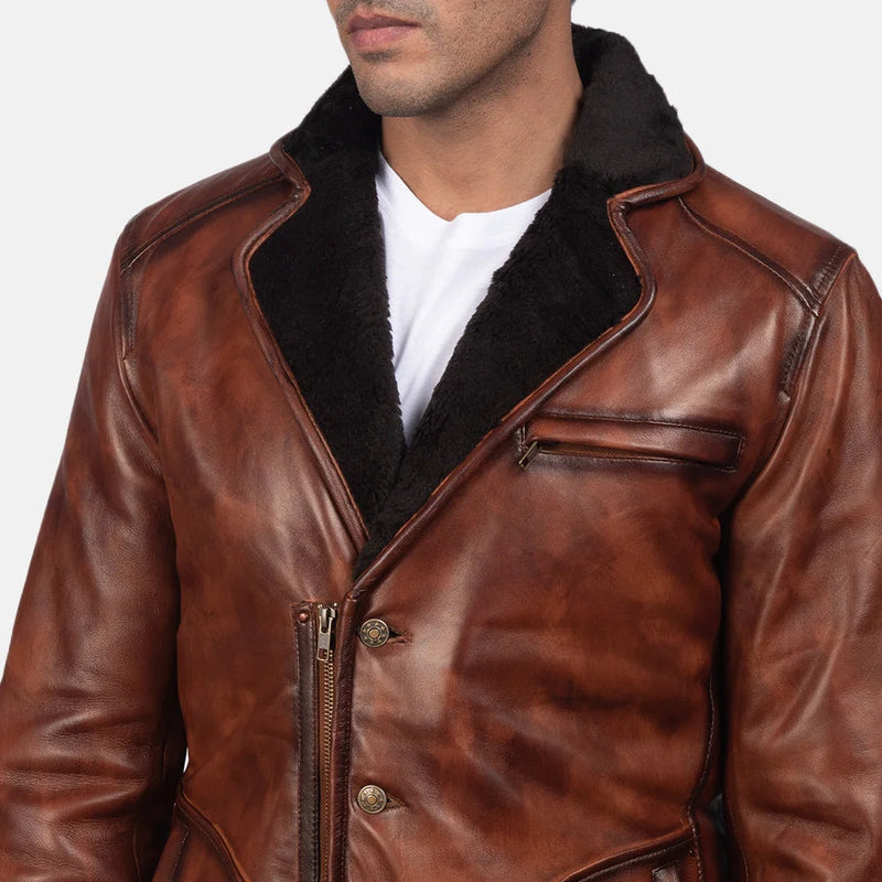 A genuine brown long leather coat, perfect for any occasion. This stylish jacket is made to last.
