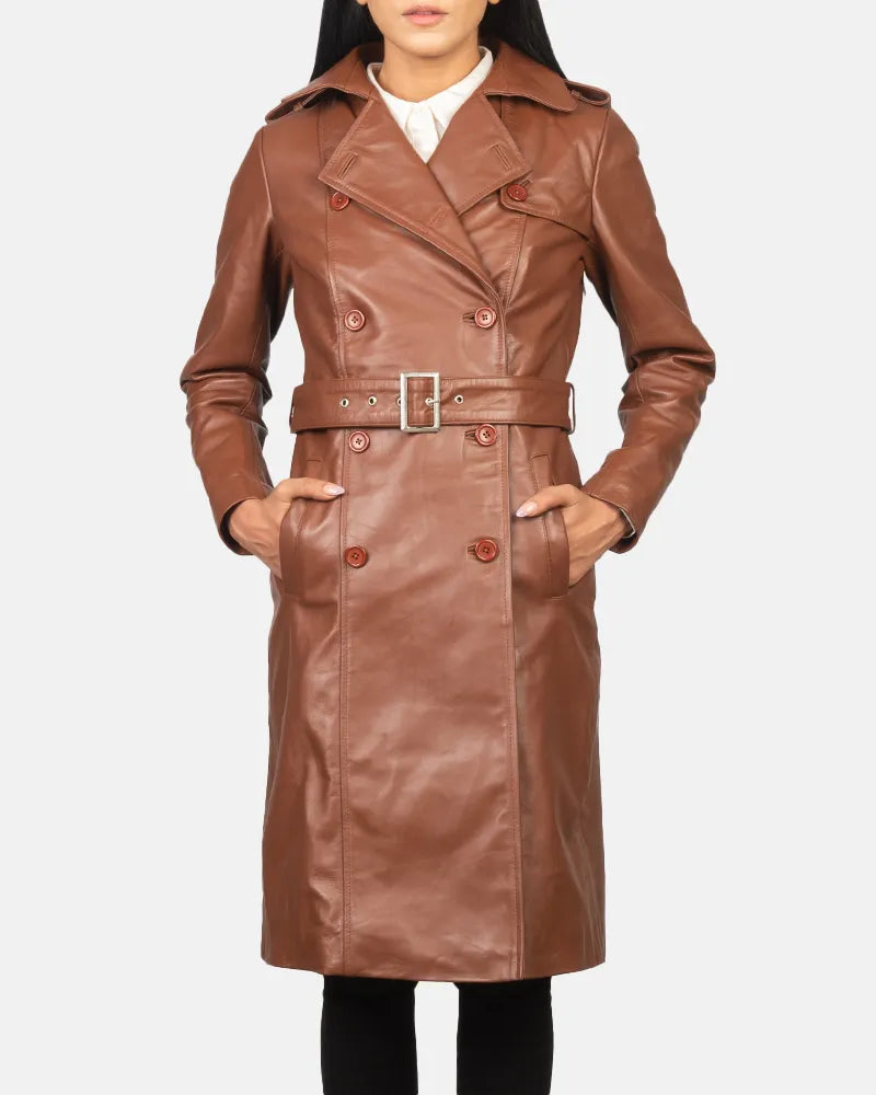 A stylish long trench coat women made from genuine leather. Perfect for a fashionable and timeless look.