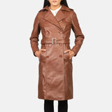 A stylish long trench coat women made from genuine leather. Perfect for a fashionable and timeless look.
