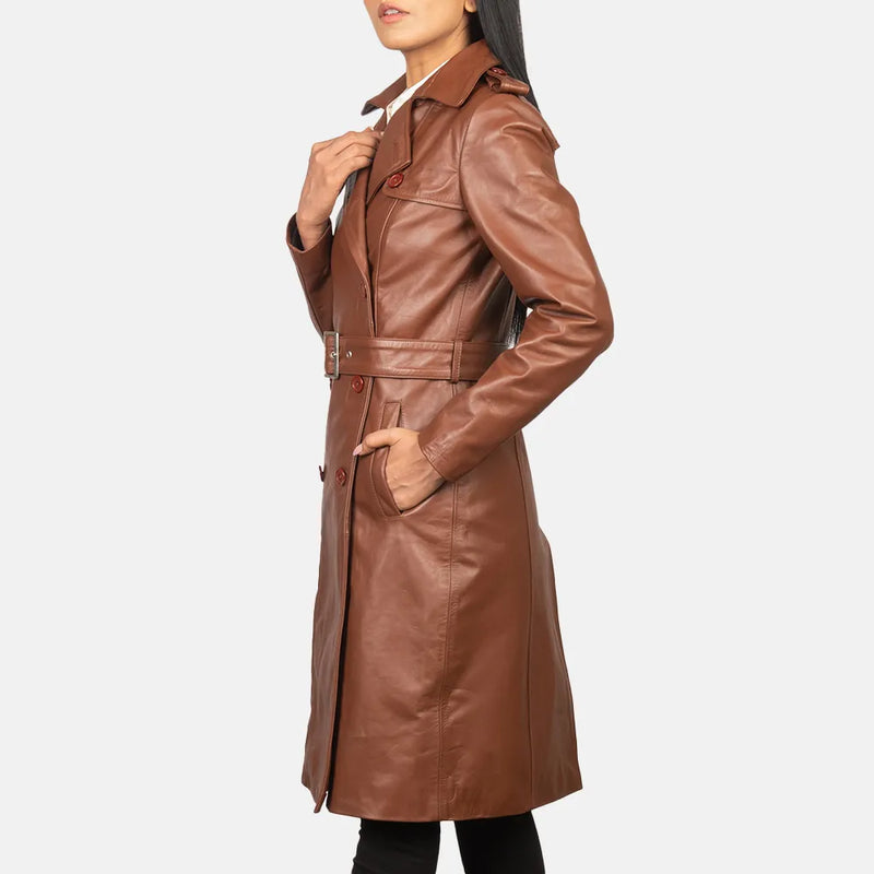 A stylish long trench coat women made from genuine leather. Perfect for a fashionable and timeless look.