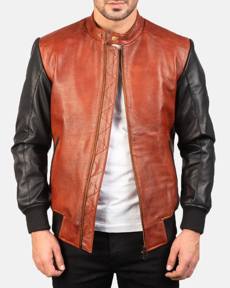 Stylish leather maroon bomber jacket made from brown and black leather.