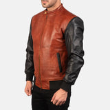 Stylish leather maroon bomber jacket made from brown and black leather.