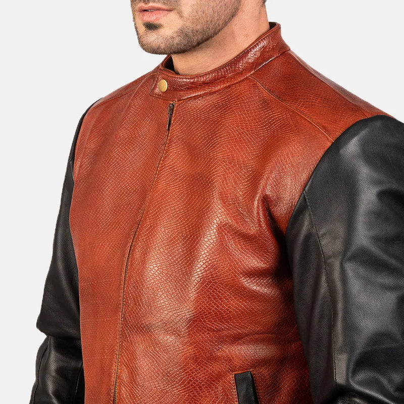 Stylish leather maroon bomber jacket made from brown and black leather.