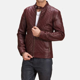 Stylish men's maroon leather biker jacket in rich burgundy color, perfect for a cool and edgy look.