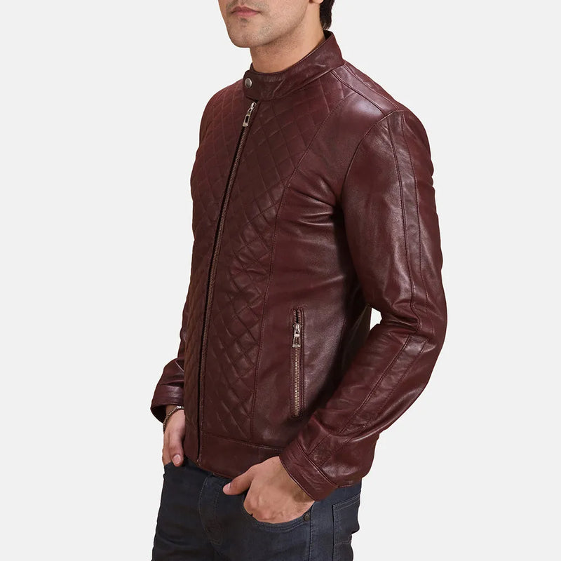 Stylish men's maroon leather biker jacket in rich burgundy color, perfect for a cool and edgy look.