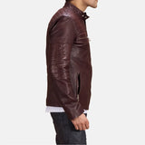 Step up your fashion game with this sleek Maroon leather biker jacket, a timeless piece that exudes confidence.