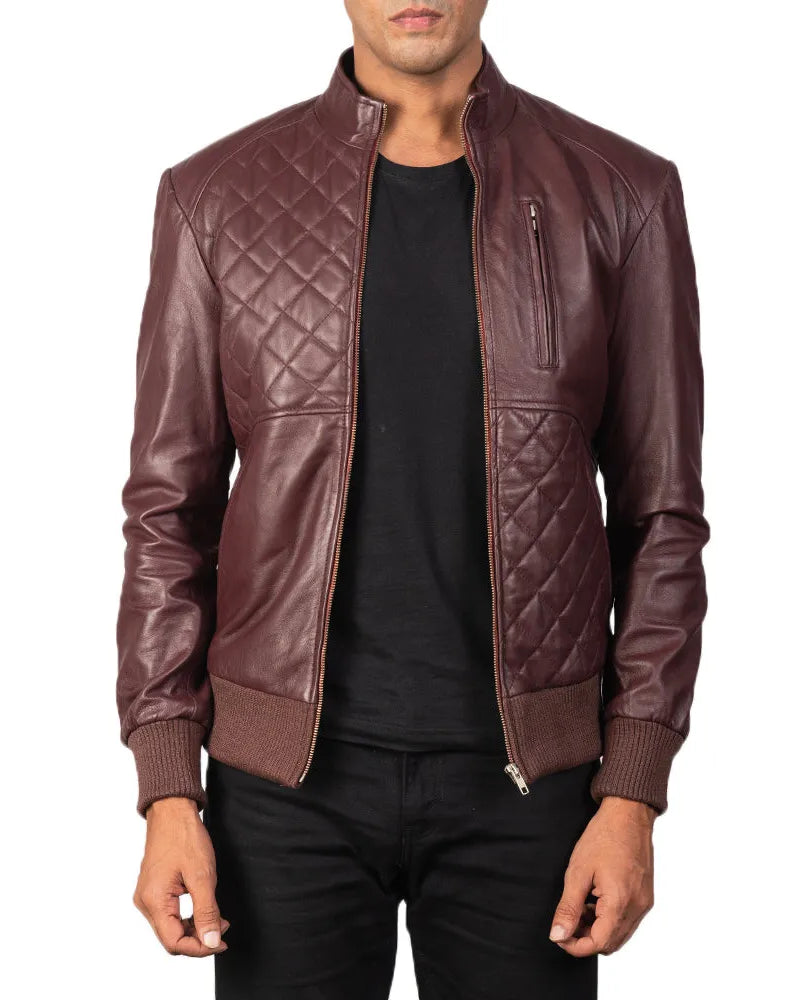 A cool Maroon Leather Bomber Jacket for men made from genuine leather. It's stylish and perfect for any occasion!