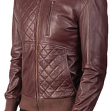 A cool Maroon Leather Bomber Jacket for men made from genuine leather. It's stylish and perfect for any occasion!