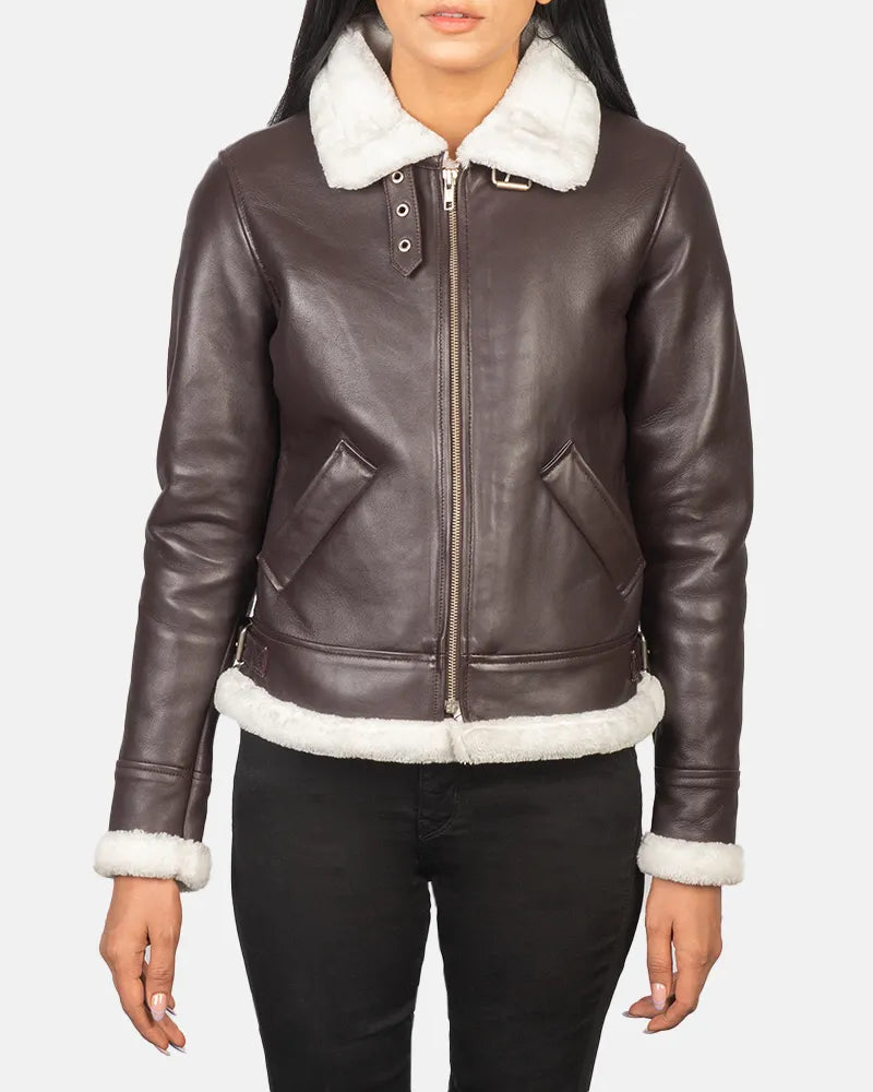 A stylish maroon leather coat for women, made from high-quality brown leather.