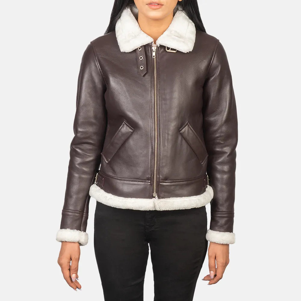 A stylish maroon leather coat for women, made from high-quality brown leather.