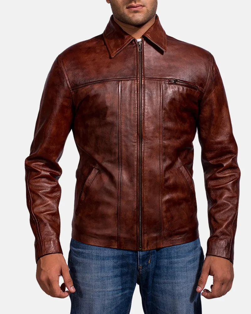 A fashionable maroon leather jacket men's, adding a touch of sophistication to his look.