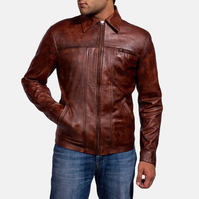 A fashionable maroon leather jacket men's, adding a touch of sophistication to his look.