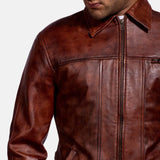 A fashionable maroon leather jacket men's, adding a touch of sophistication to his look.