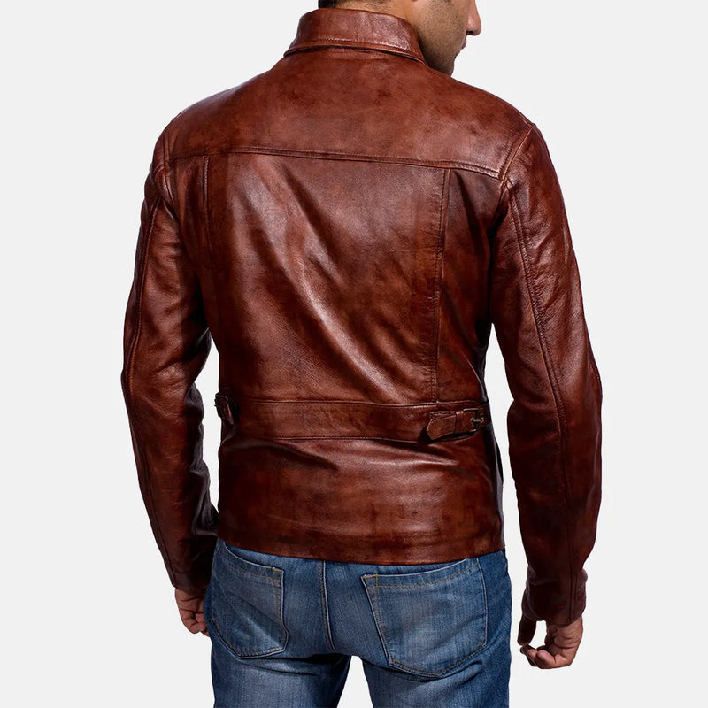 A fashionable maroon leather jacket men's, adding a touch of sophistication to his look.