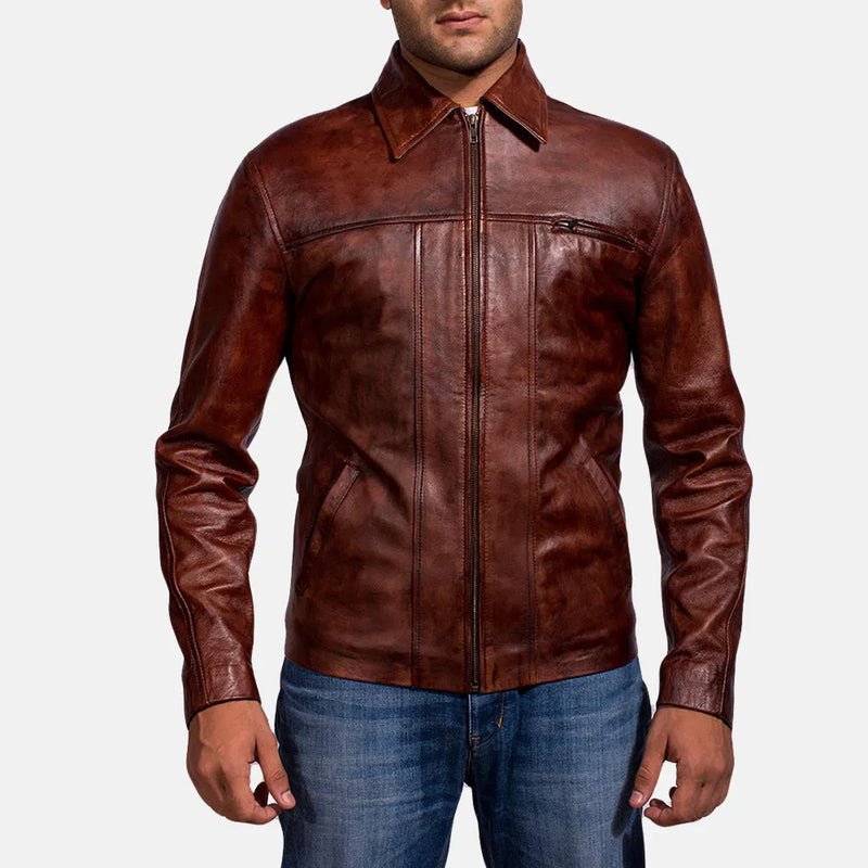 A fashionable maroon leather jacket men's, adding a touch of sophistication to his look.