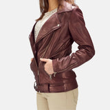 Stylish maroon leather jacket womens, exuding confidence and elegance.