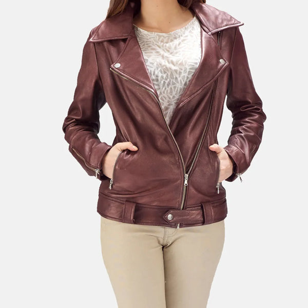 Stylish maroon leather jacket womens, exuding confidence and elegance.