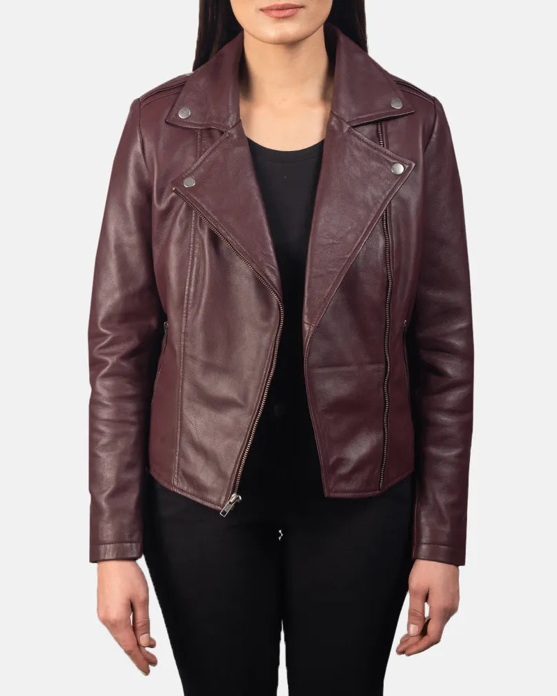 A stylish maroon leather jacket for women.