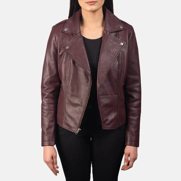  A stylish maroon leather jacket for women.