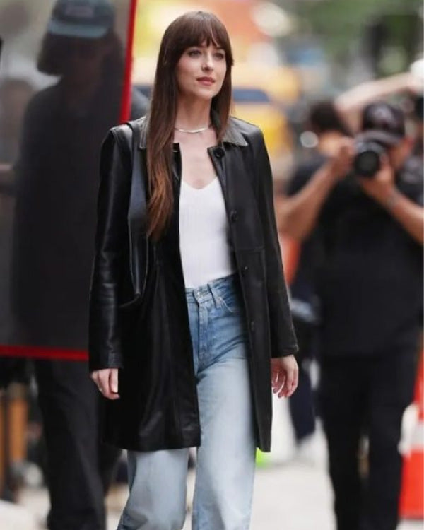 Materialists 2024 Dakota Johnson Black Leather Coat