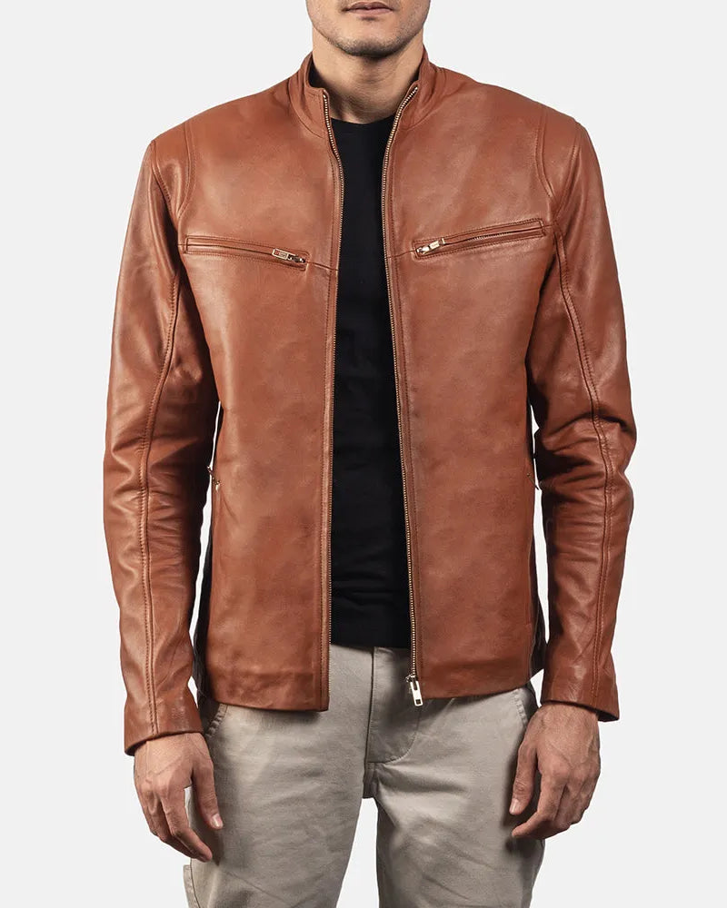 A stylish Brown Biker Jacket Men's, crafted from genuine leather for that authentic and rugged look.