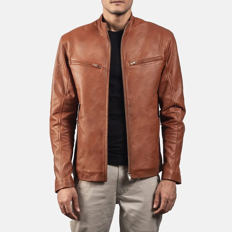 A stylish Brown Biker Jacket Men's, crafted from genuine leather for that authentic and rugged look.