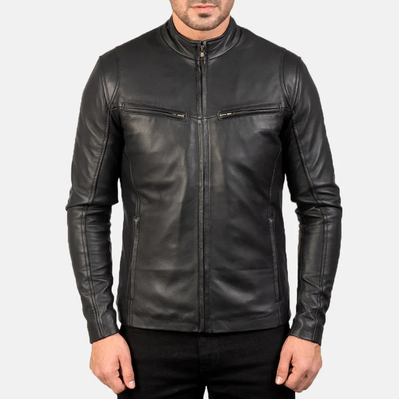 Discover the ultimate Men's Black Moto Jacket made of premium sheepskin leather. Get yours now for just $220!
